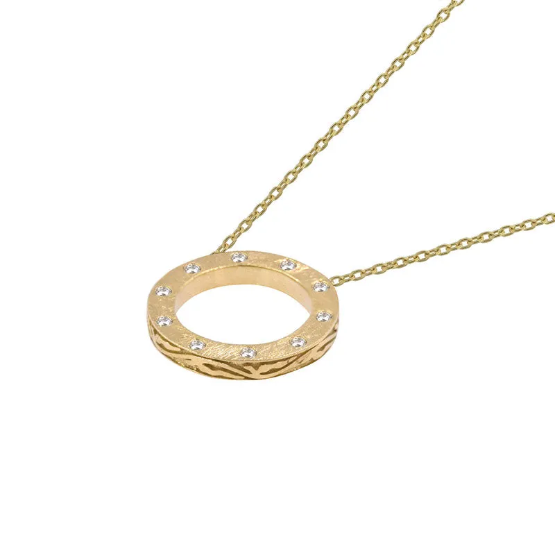 18 Karat Yellow Gold Brushed Diamond Circle Pendant with