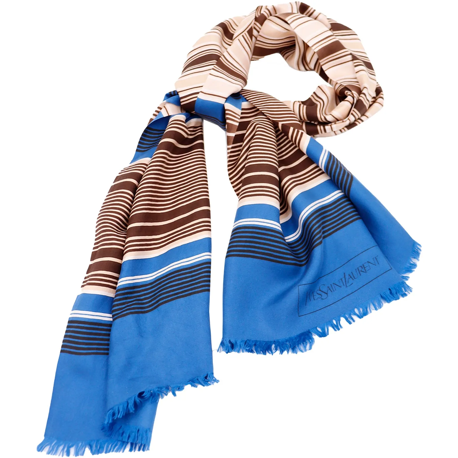 1990s Yves Saint Laurent Blue & Brown Striped Silk Scarf