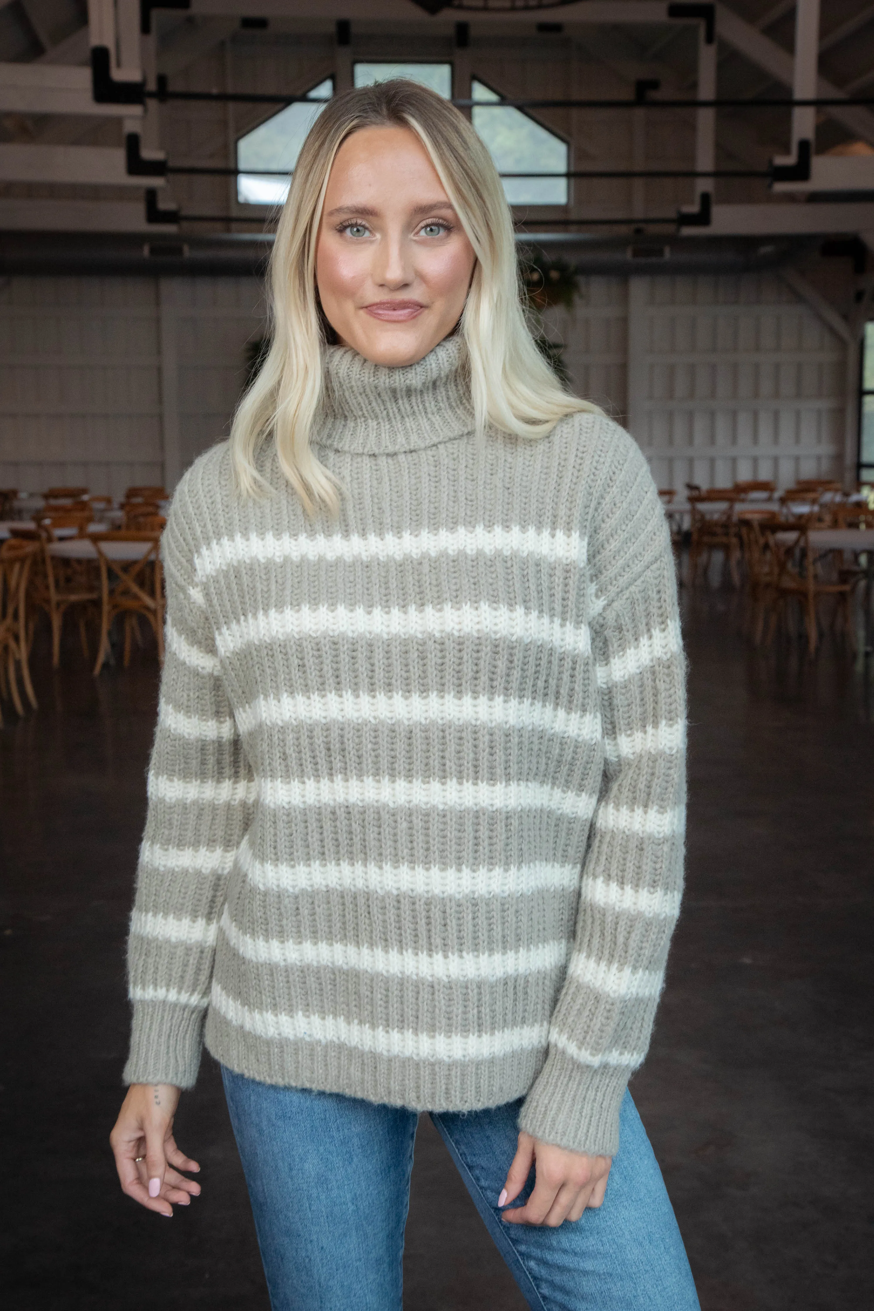 Aki Turtleneck Striped Sweater, Moss Ivory | Sadie & Sage