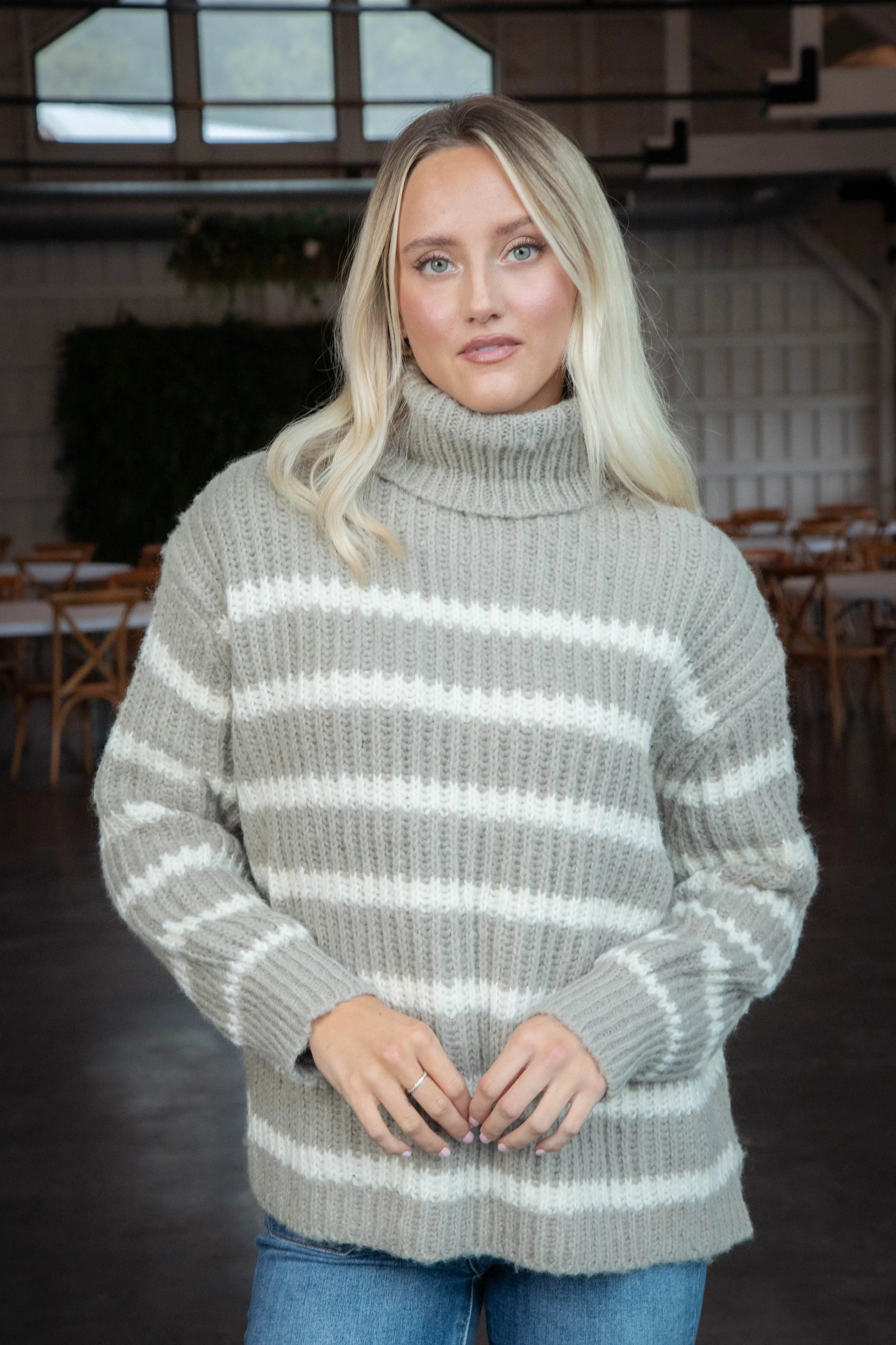 Aki Turtleneck Striped Sweater, Moss Ivory | Sadie & Sage