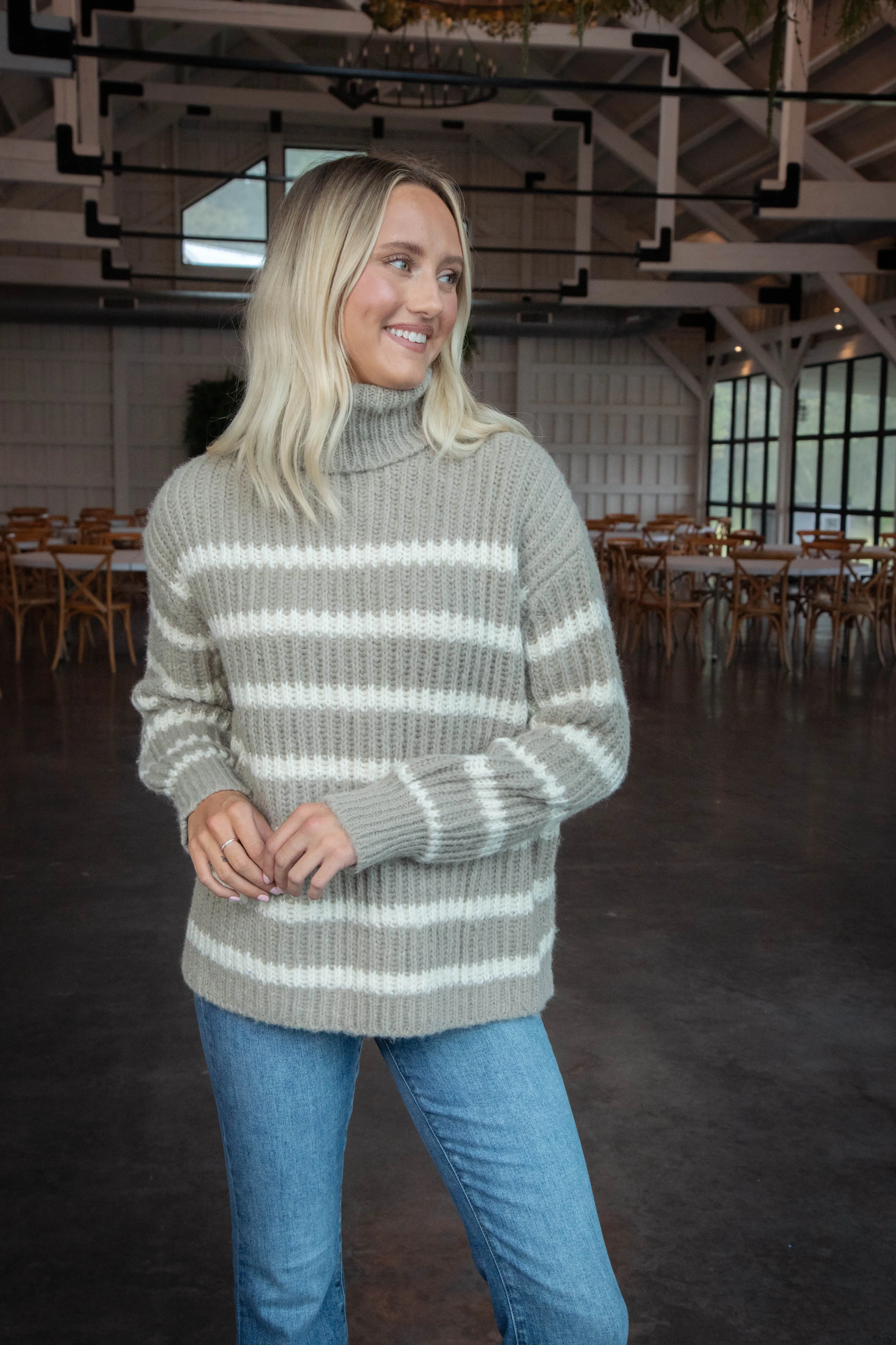 Aki Turtleneck Striped Sweater, Moss Ivory | Sadie & Sage