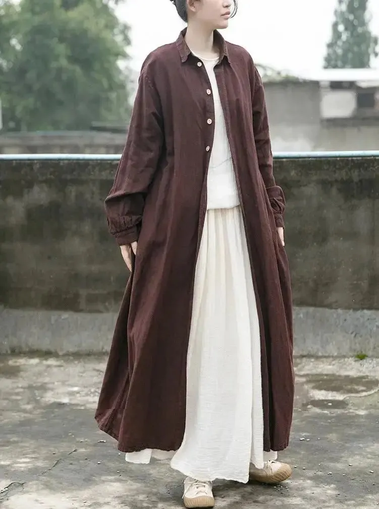 Autumn Reddish Brown Linen Long Sleeve Windbreaker Cardigan