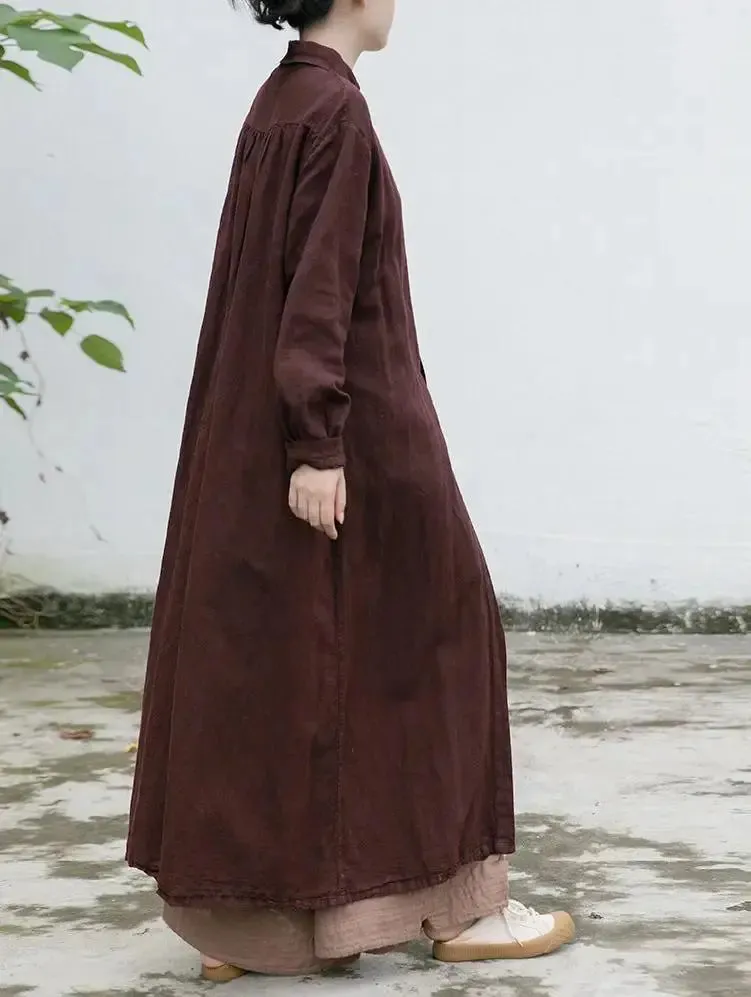 Autumn Reddish Brown Linen Long Sleeve Windbreaker Cardigan