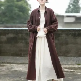 Autumn Reddish Brown Linen Long Sleeve Windbreaker Cardigan