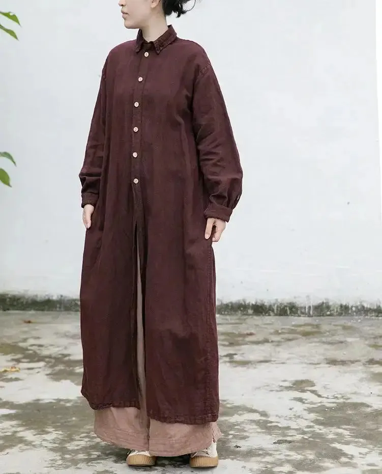 Autumn Reddish Brown Linen Long Sleeve Windbreaker Cardigan