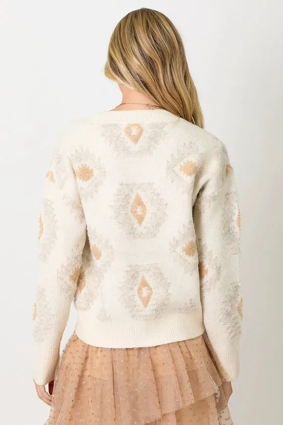 Aztec Pattern Button Down Cardigan Ivory Mix