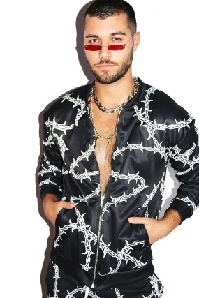 Barb Wire All Over Print Bomber Jacket-Black