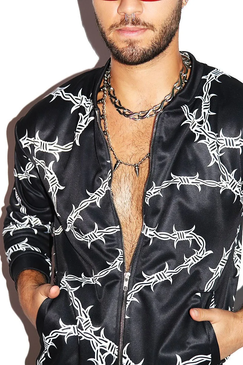 Barb Wire All Over Print Bomber Jacket-Black