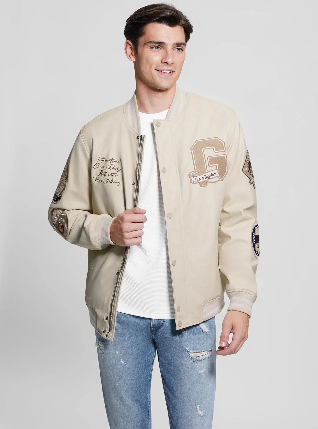 Beige Varsity Bomber Jacket