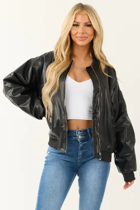 Black Faux Leather Oversized Bomber Jacket