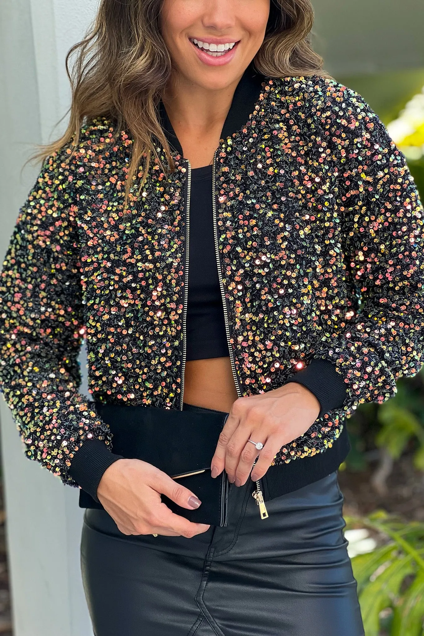 Black Sequin Bomber Jacket