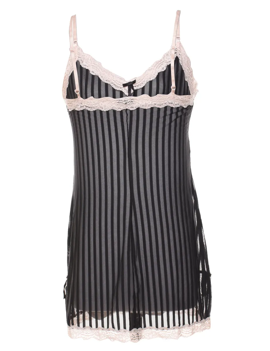 Black Striped & Sheer Lace Trim Slip Dress  - S