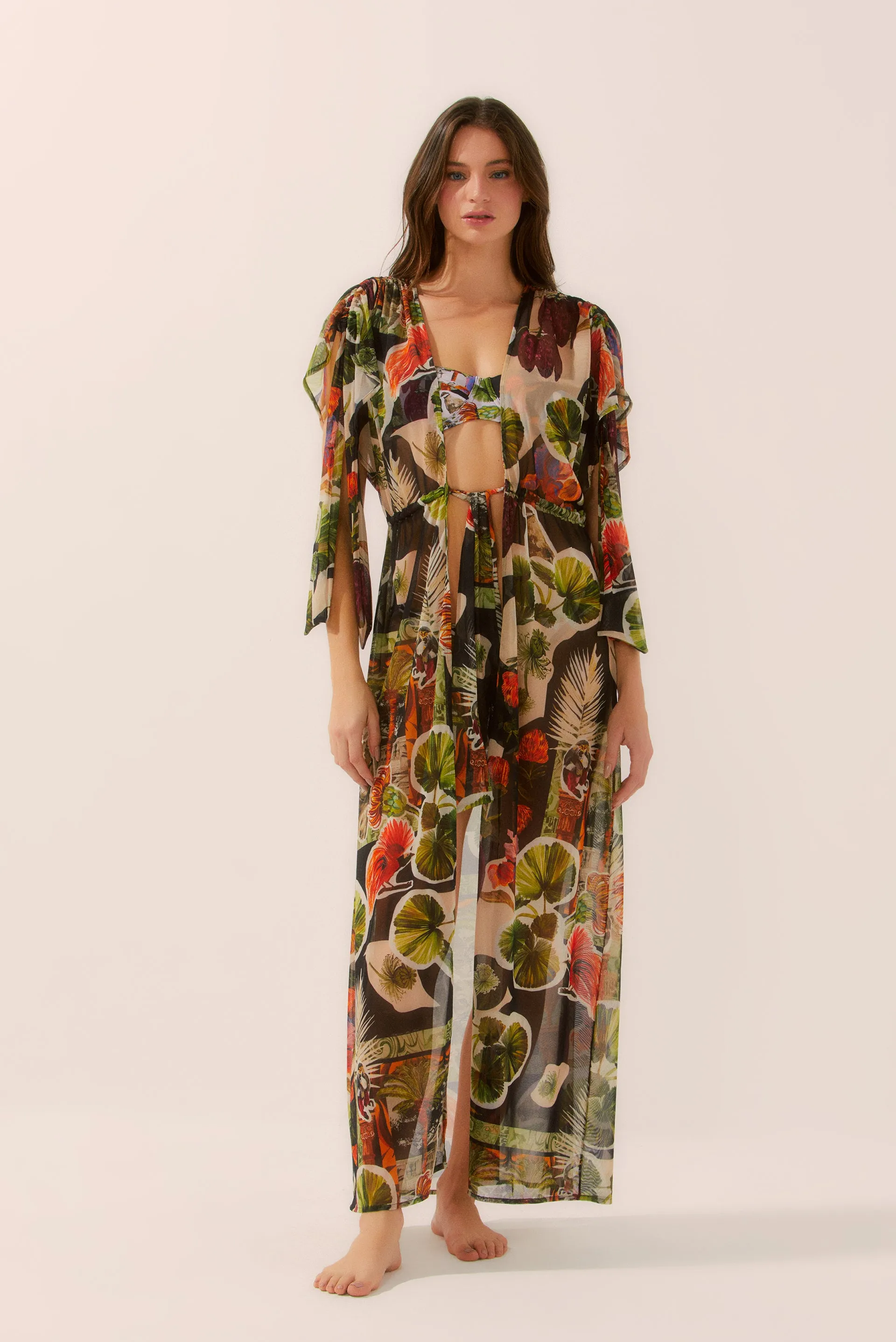 Botanic Collage Long Cape With Adjustable Sleeves E3870A1446