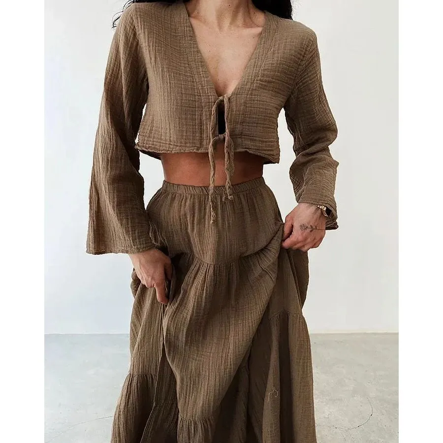 Cardigan V-neck Lace-up Slit Two-piece Suit