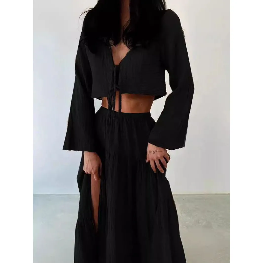 Cardigan V-neck Lace-up Slit Two-piece Suit