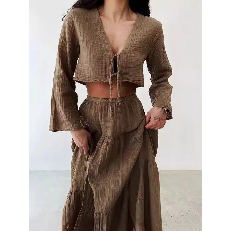 Cardigan V-neck Lace-up Slit Two-piece Suit