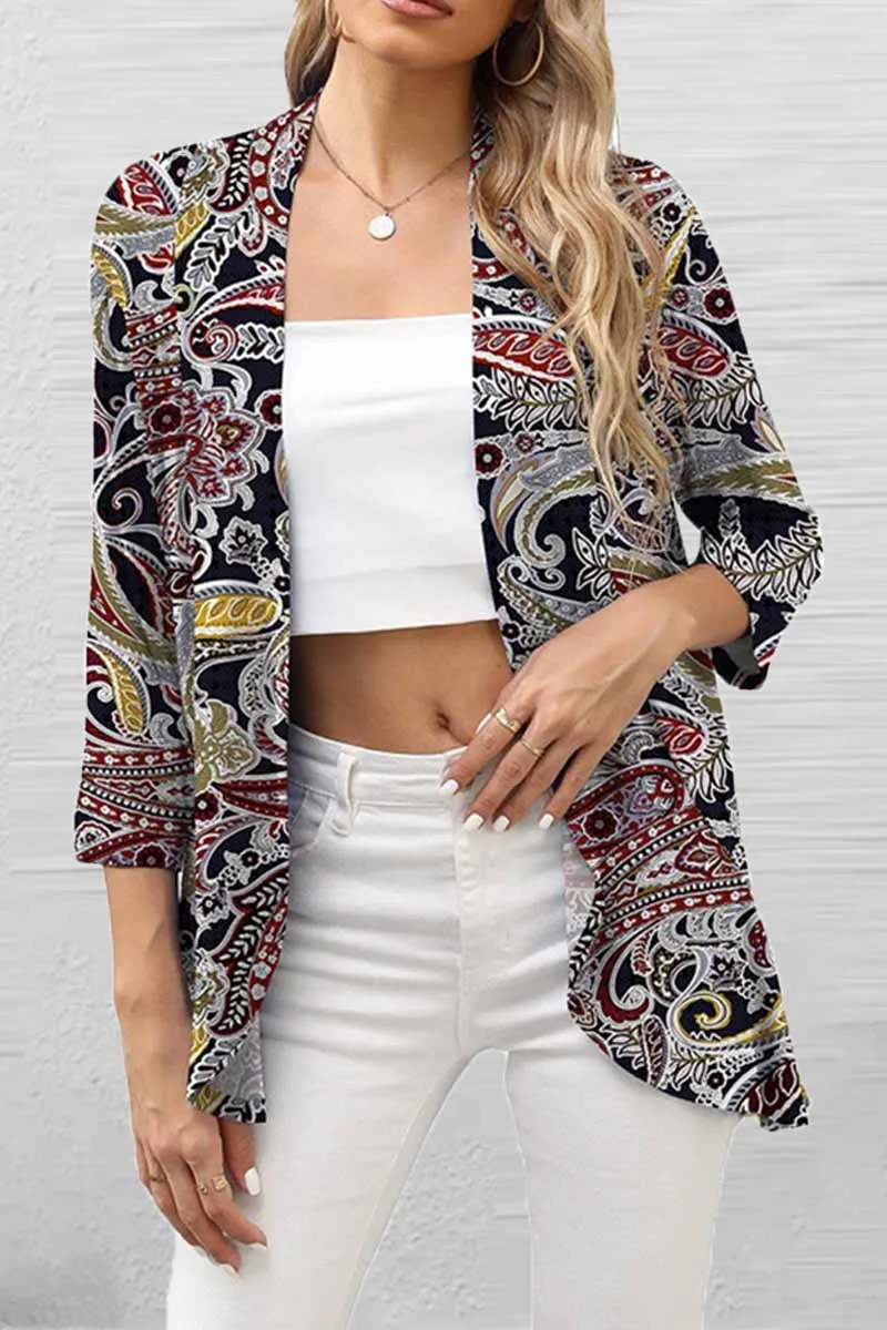 Casual Print Patchwork Cardigan Collar Tops