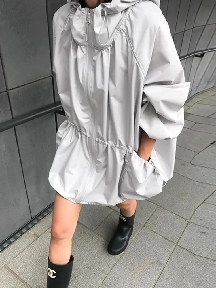 Chic Long Sleeve Big Pockets Zipper Trench Coat For Women  Autumn New Casual Hooded Pleated Thin Windbreaker