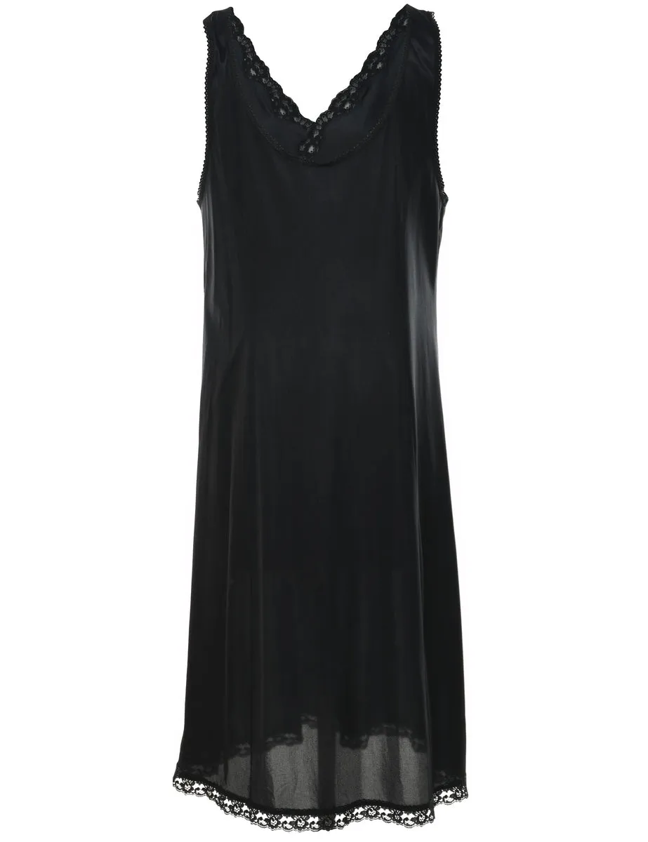 Classic Black Lace Trim Slip Dress - L