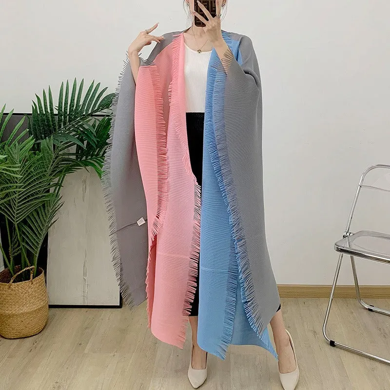 Color blocked fringe cardigan trench coat long robe pleated shawl