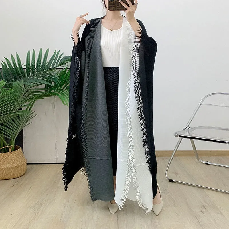 Color blocked fringe cardigan trench coat long robe pleated shawl