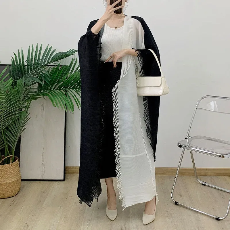 Color blocked fringe cardigan trench coat long robe pleated shawl