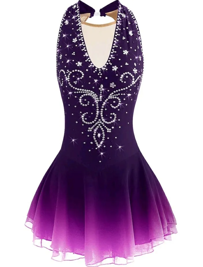 Competition Figure Skating Dress Halter Purple Ombre Crystals