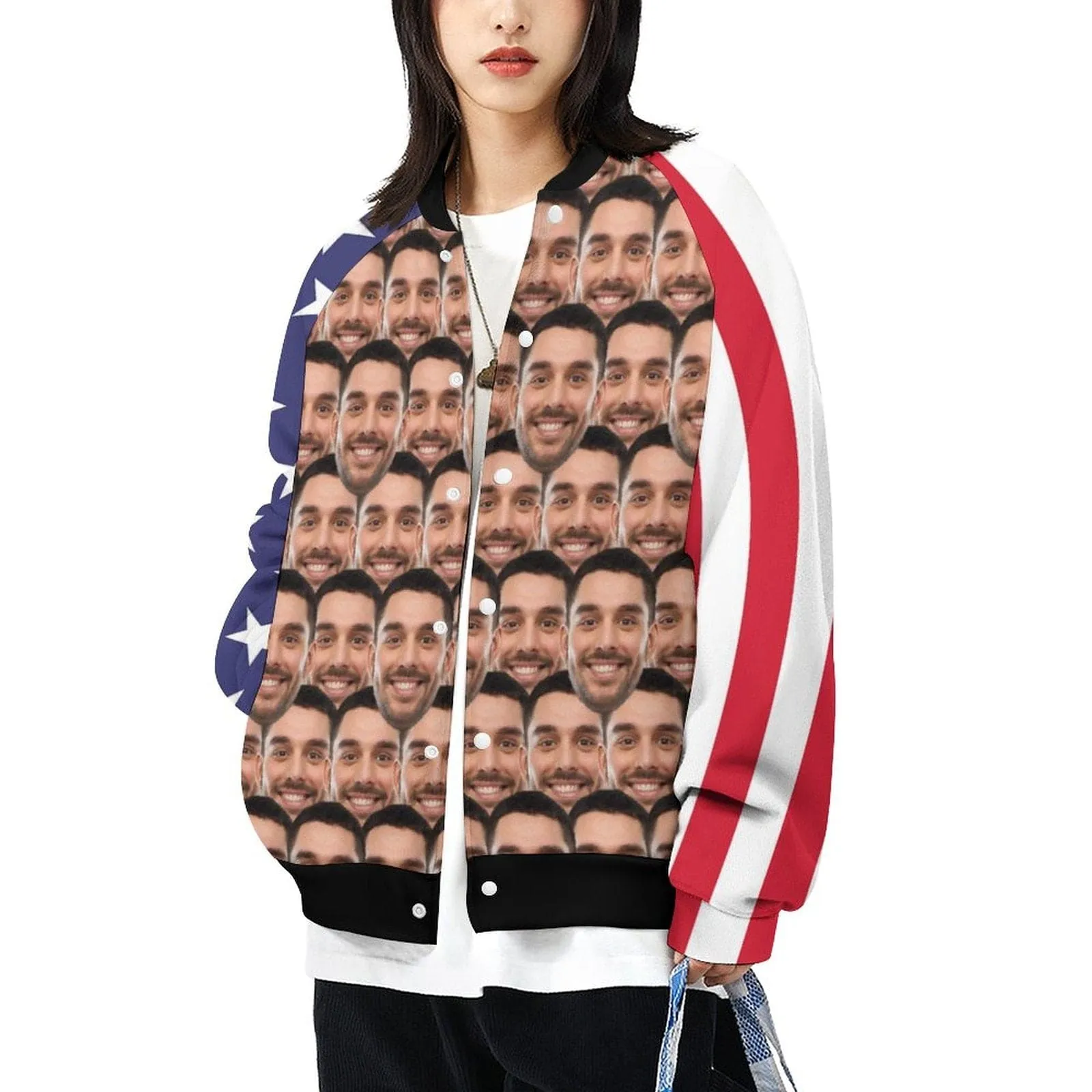 Custom Face Couple American Flag Women/Men's Bomber Jacket Unisex Outerwear