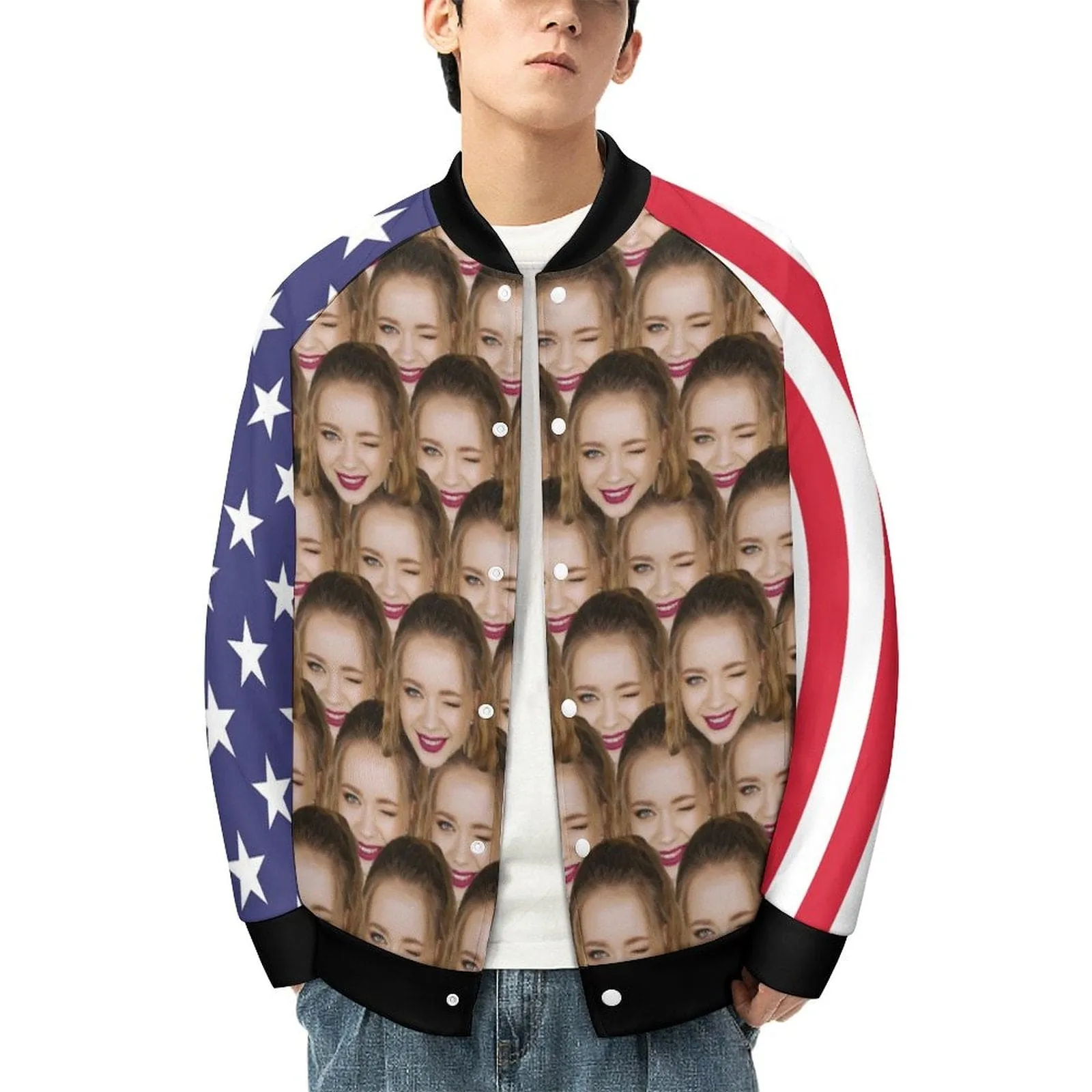 Custom Face Couple American Flag Women/Men's Bomber Jacket Unisex Outerwear