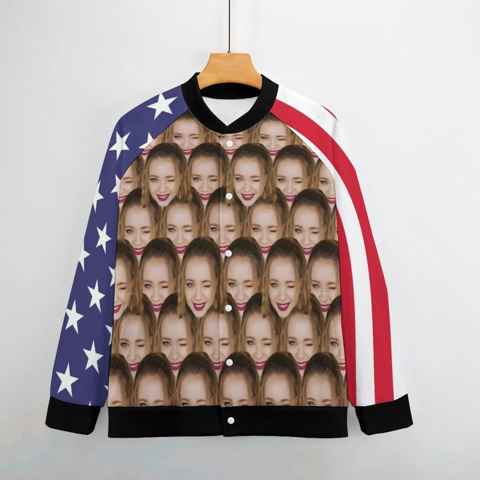 Custom Face Couple American Flag Women/Men's Bomber Jacket Unisex Outerwear