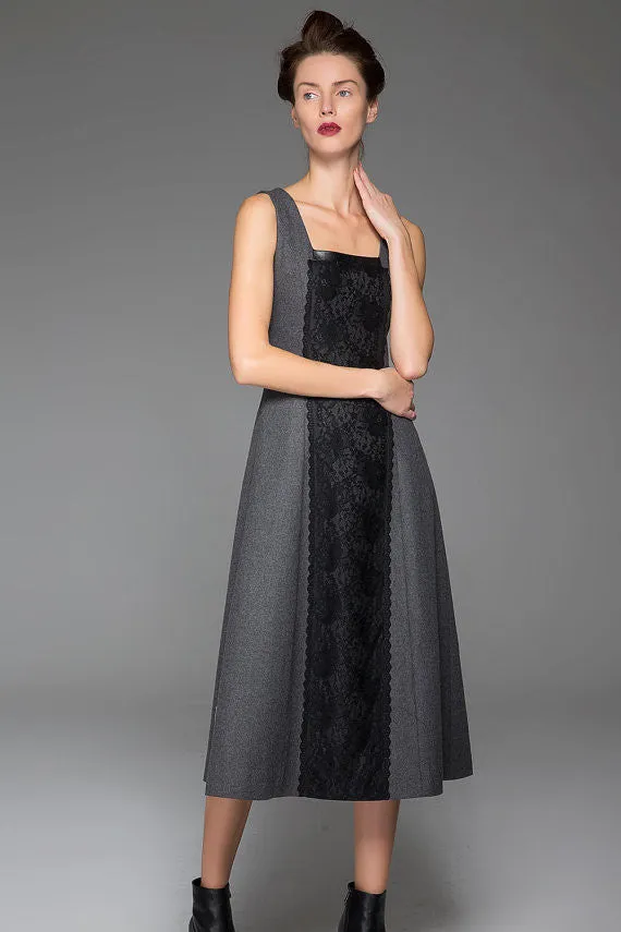 Dark Gray Wool Long Vest Winter Dress Warm Vest Dress With Black Lace Stitching (1447)