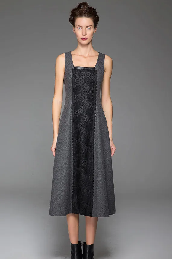 Dark Gray Wool Long Vest Winter Dress Warm Vest Dress With Black Lace Stitching (1447)