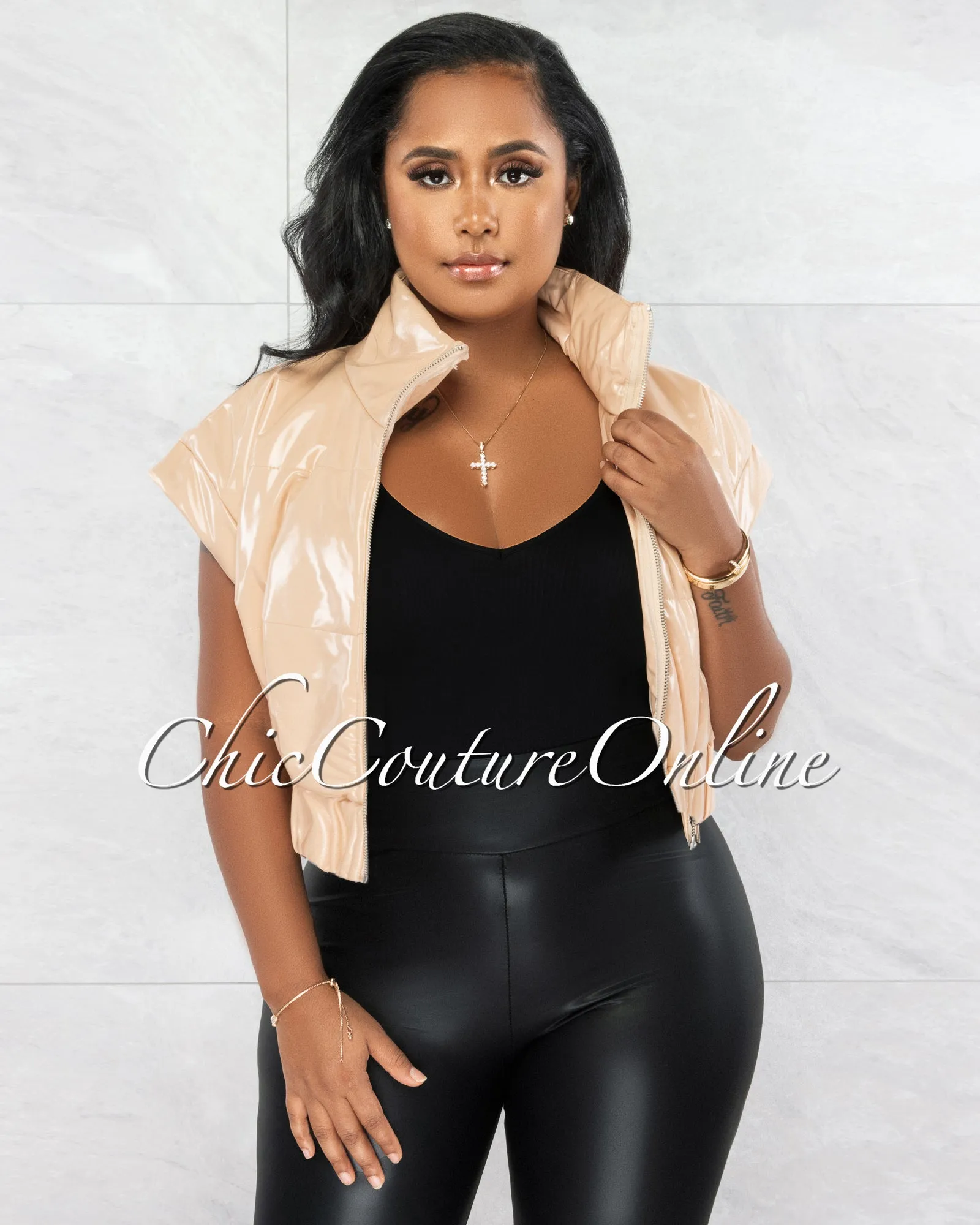 *Daryn Nude Patent Faux Leather Sleeveless Bomber Jacket