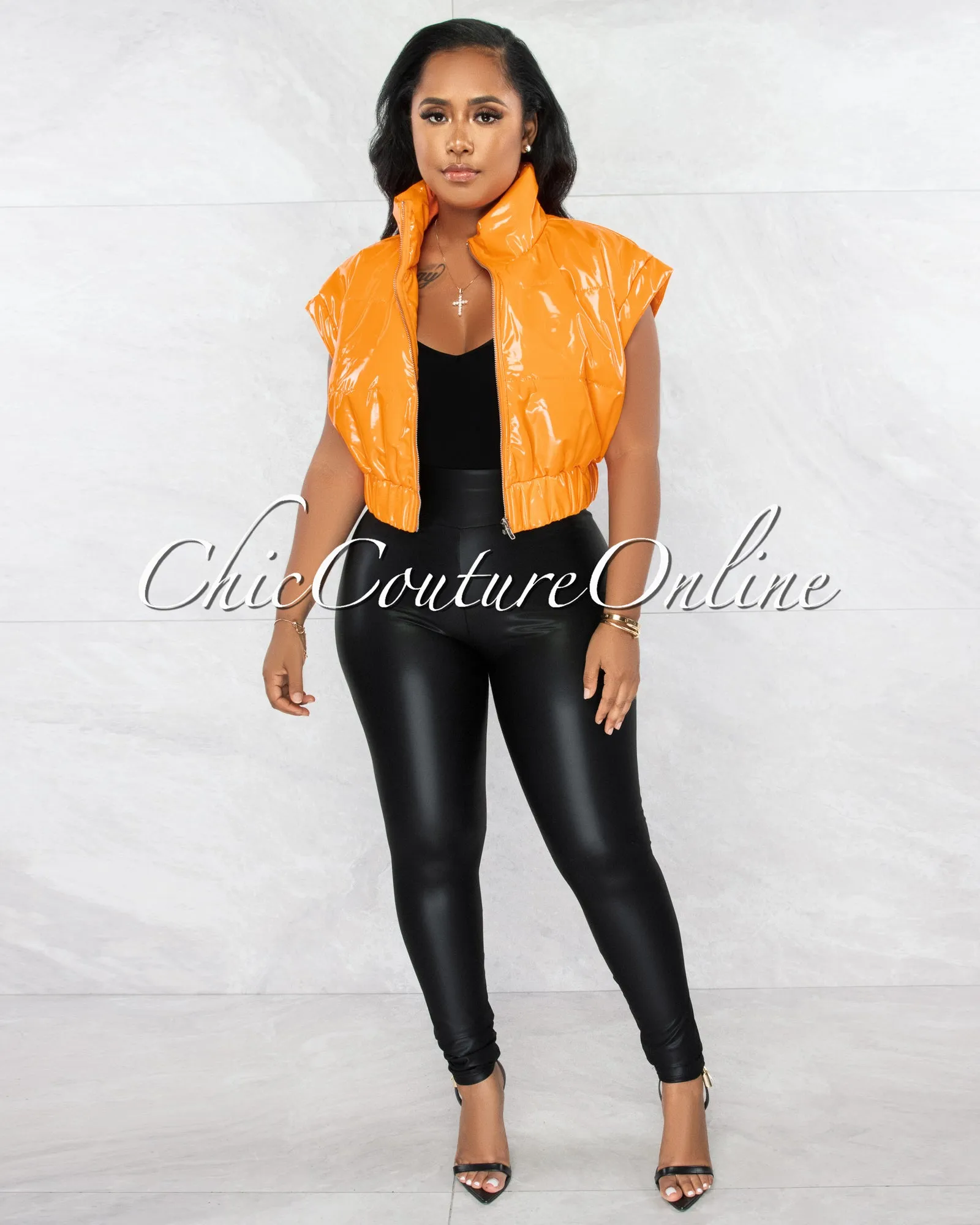 *Daryn Orange Patent Faux Leather Sleeveless Bomber Jacket