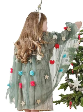 Deluxe Girls Green Mesh Christmas Cape with Pom Poms