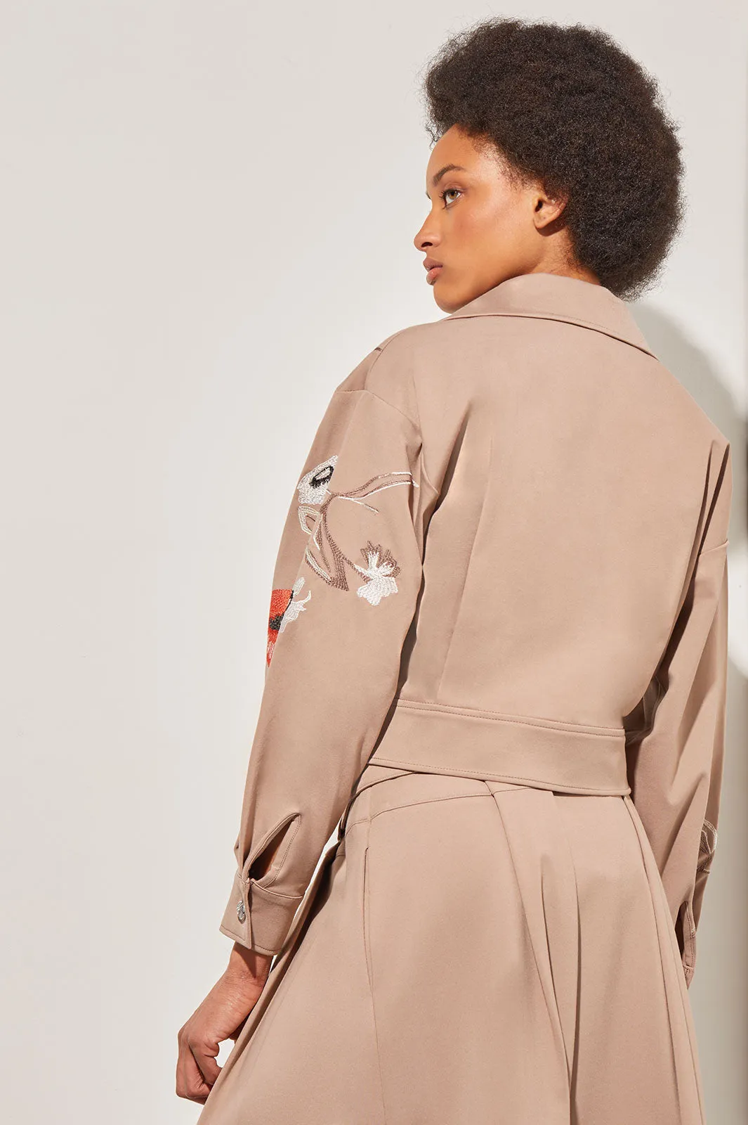 Double Breasted Bomber Jacket - Embroidered Detail Stretch Ponte