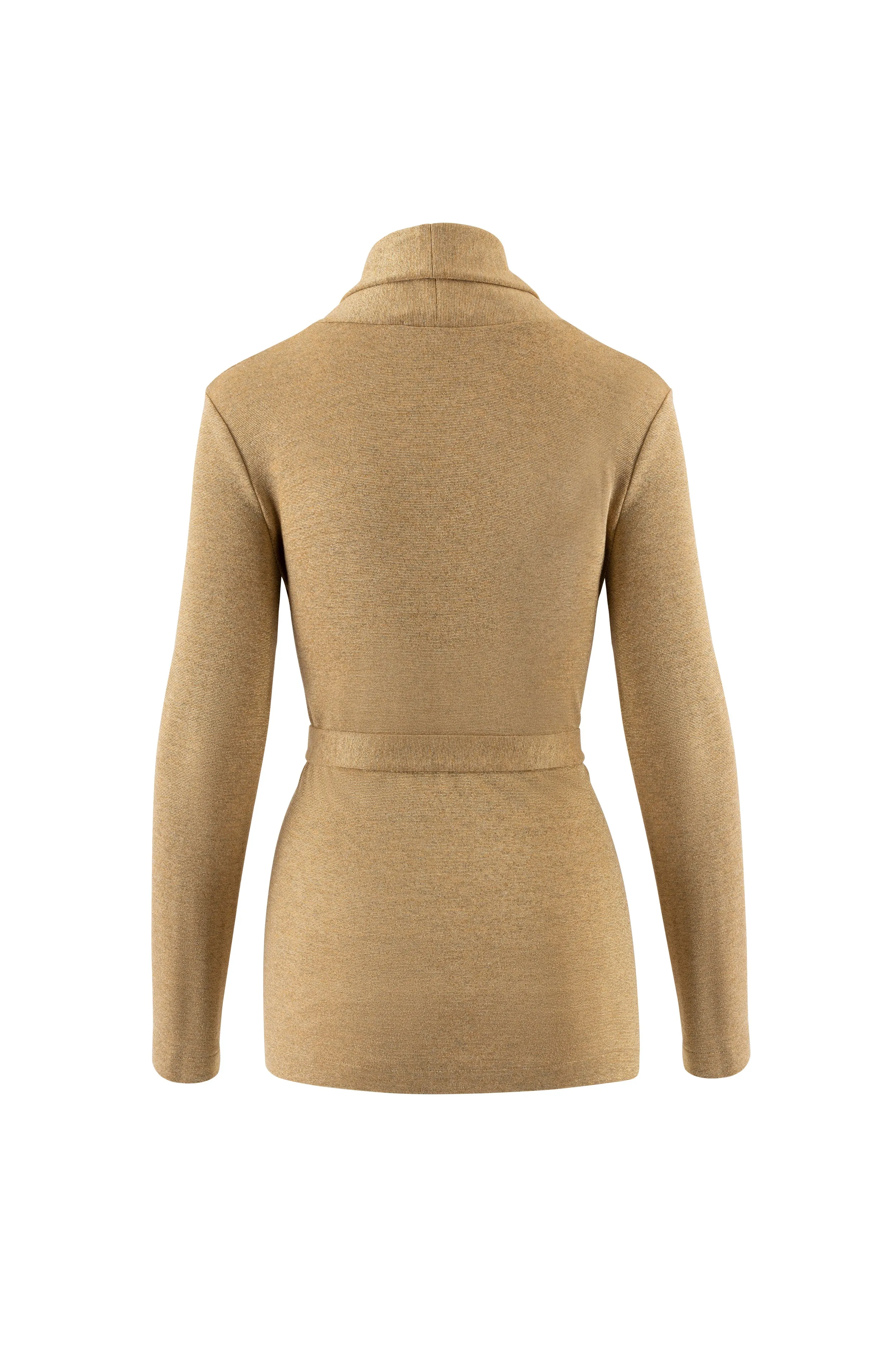 ELEOCHARIS GOLDEN SLIGHTLY GLITTERING VISCOSE-BLEND CARDIGAN WITH BELT