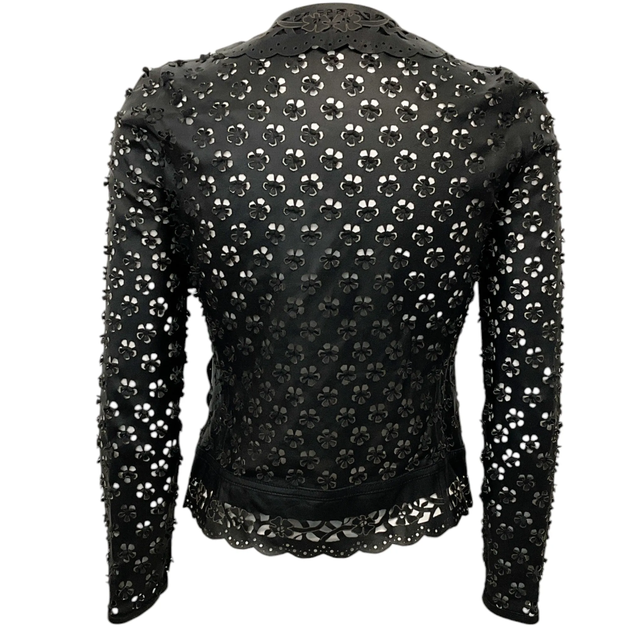 Elie Saab Black Leather Floral Eyelet Jacket