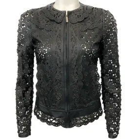 Elie Saab Black Leather Floral Eyelet Jacket