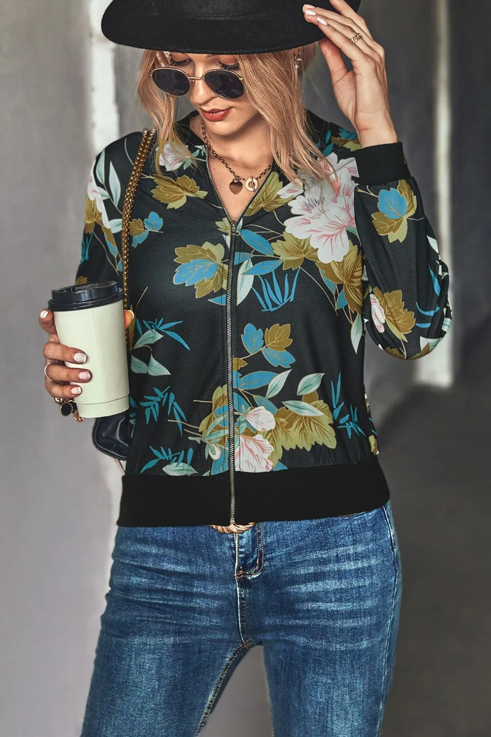 Floral Zip Up Ribbed Trim Bomber Jacket