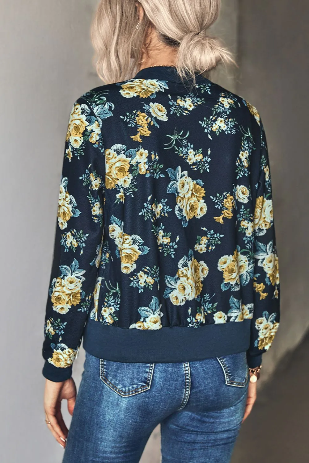 Floral Zip Up Ribbed Trim Bomber Jacket