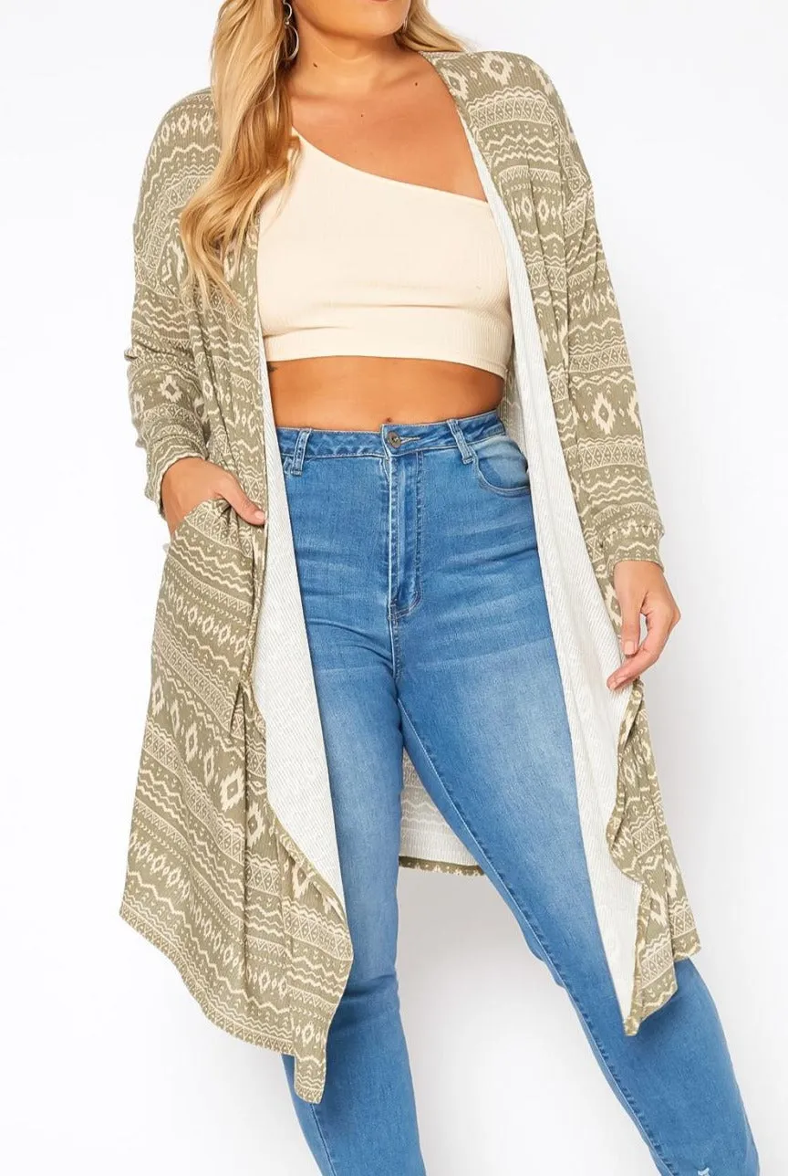 Hi Curvy Plus Size Aztec Print Long Cardigan