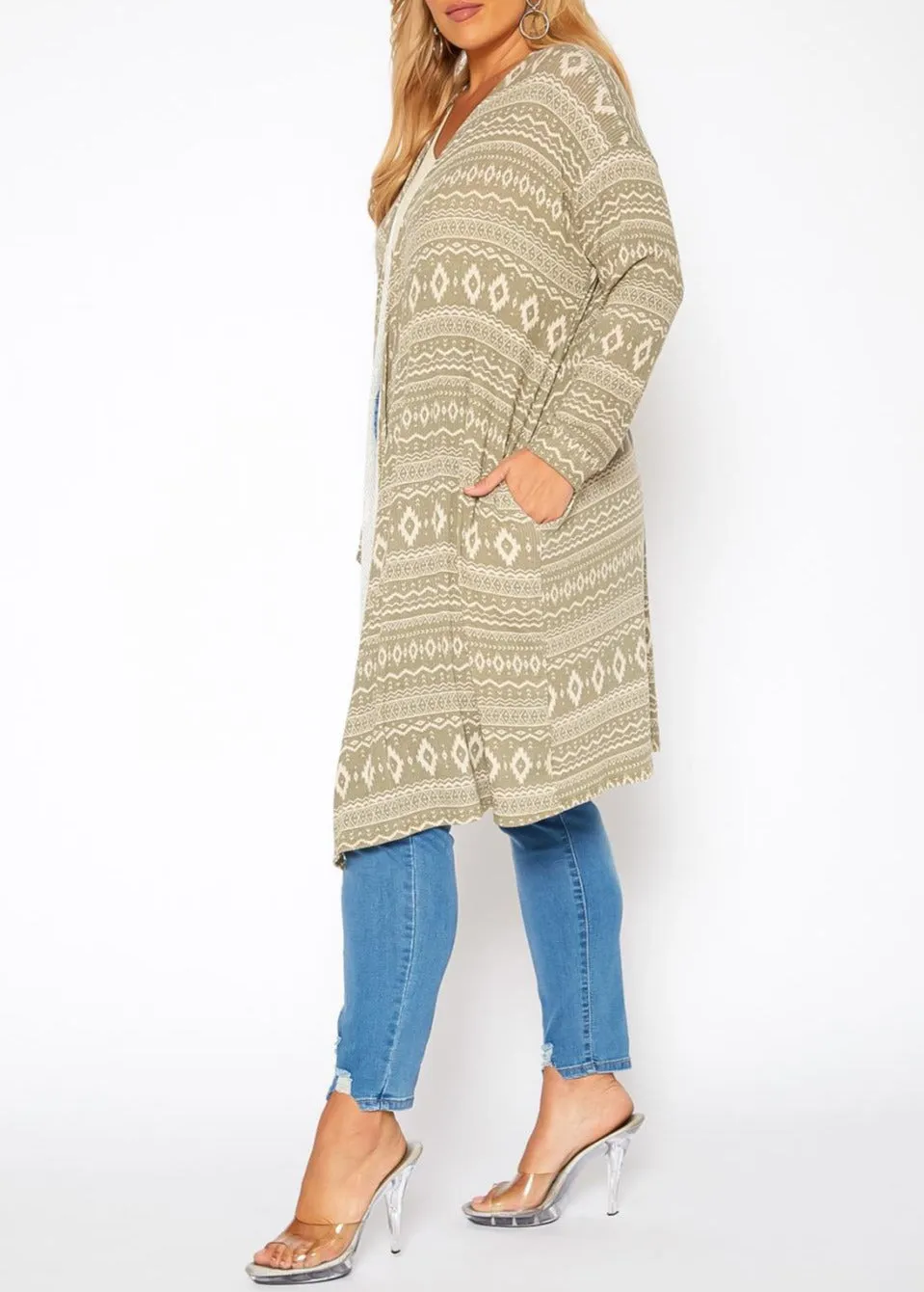 Hi Curvy Plus Size Aztec Print Long Cardigan