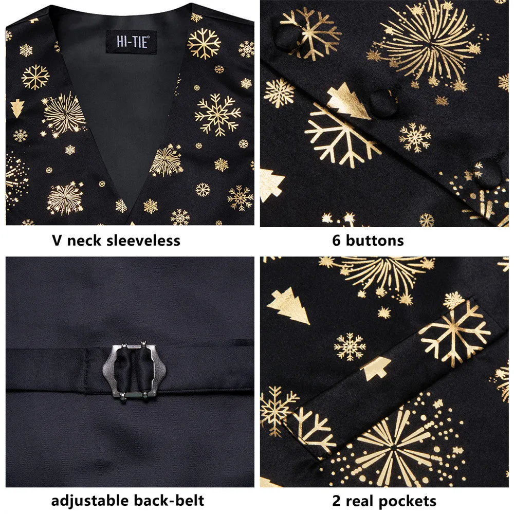 Hi-Tie Black Gold Christmas Snow Elements Vest Necktie Bowtie Set