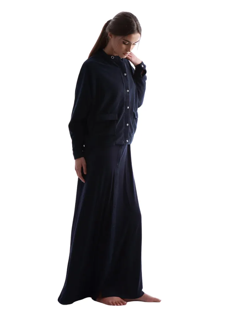 Jillian Navy Terry Bamboo Button Down Nightgown & Cardigan Set