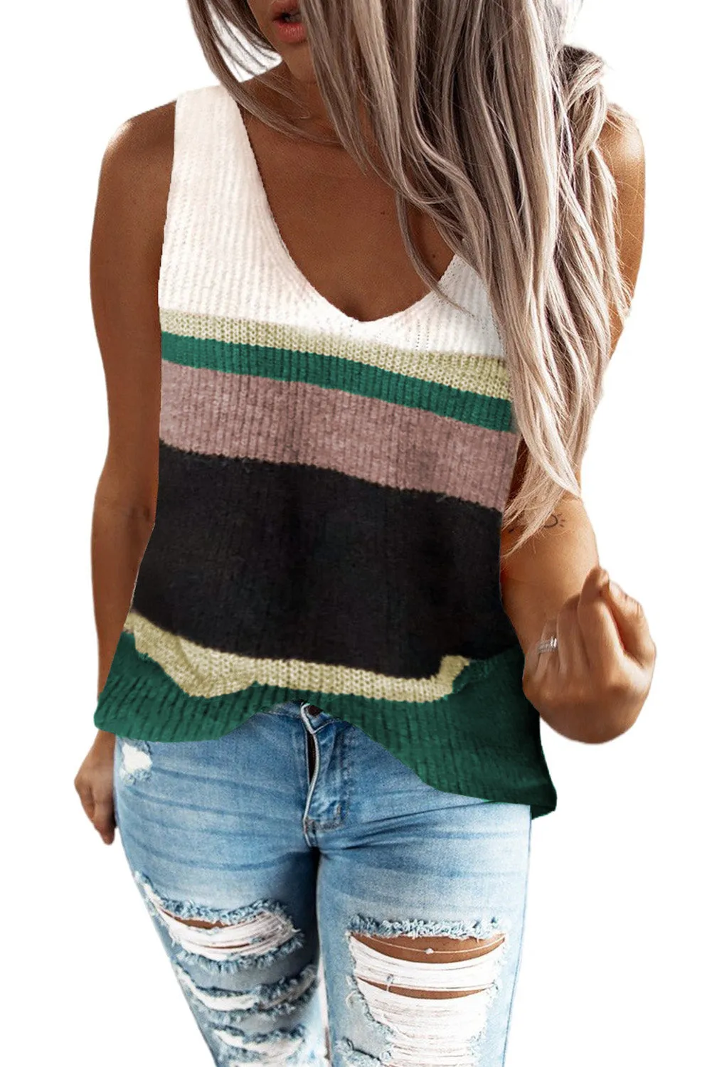 Khaki Color Block Knitted Sweater Vest