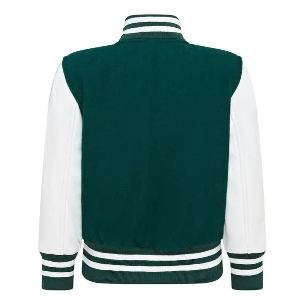 Kids Green White Varsity Bomber Jacket Wool Body Real Leather Sleeves