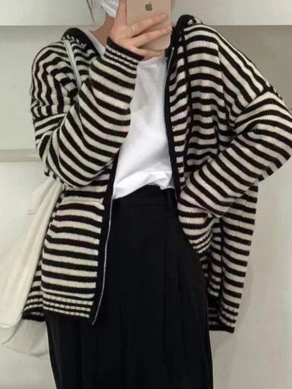 LANFUBEISI - Hooded Striped Long Sleeve Knit Cardigan