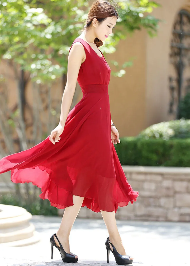 Maxi dress women chiffon long dress in Red wine (1005)