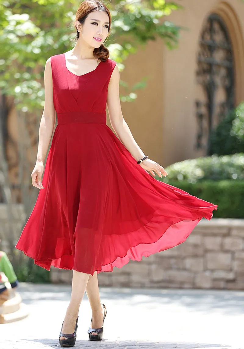 Maxi dress women chiffon long dress in Red wine (1005)